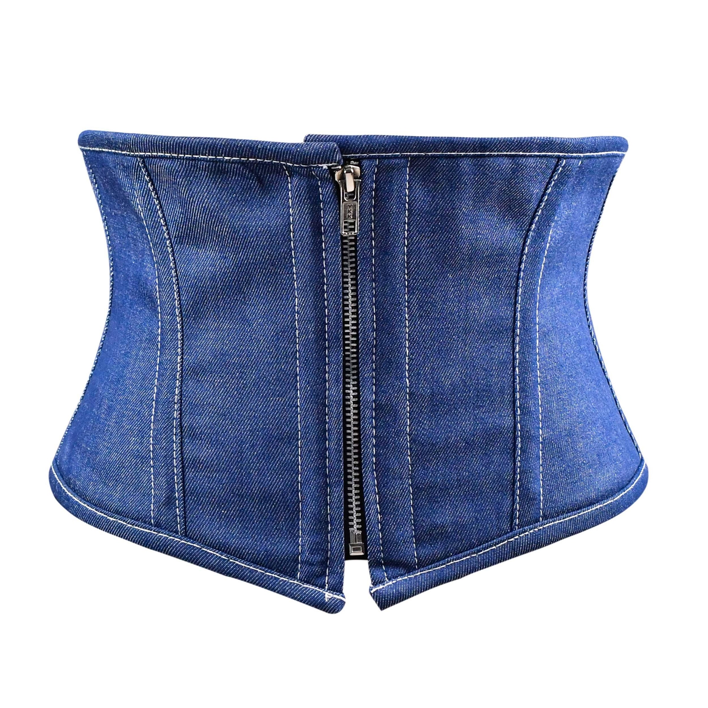 Blue denim waist trainer with a zipper on a white background