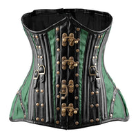 Green and black corset with gold embellishments on a white background