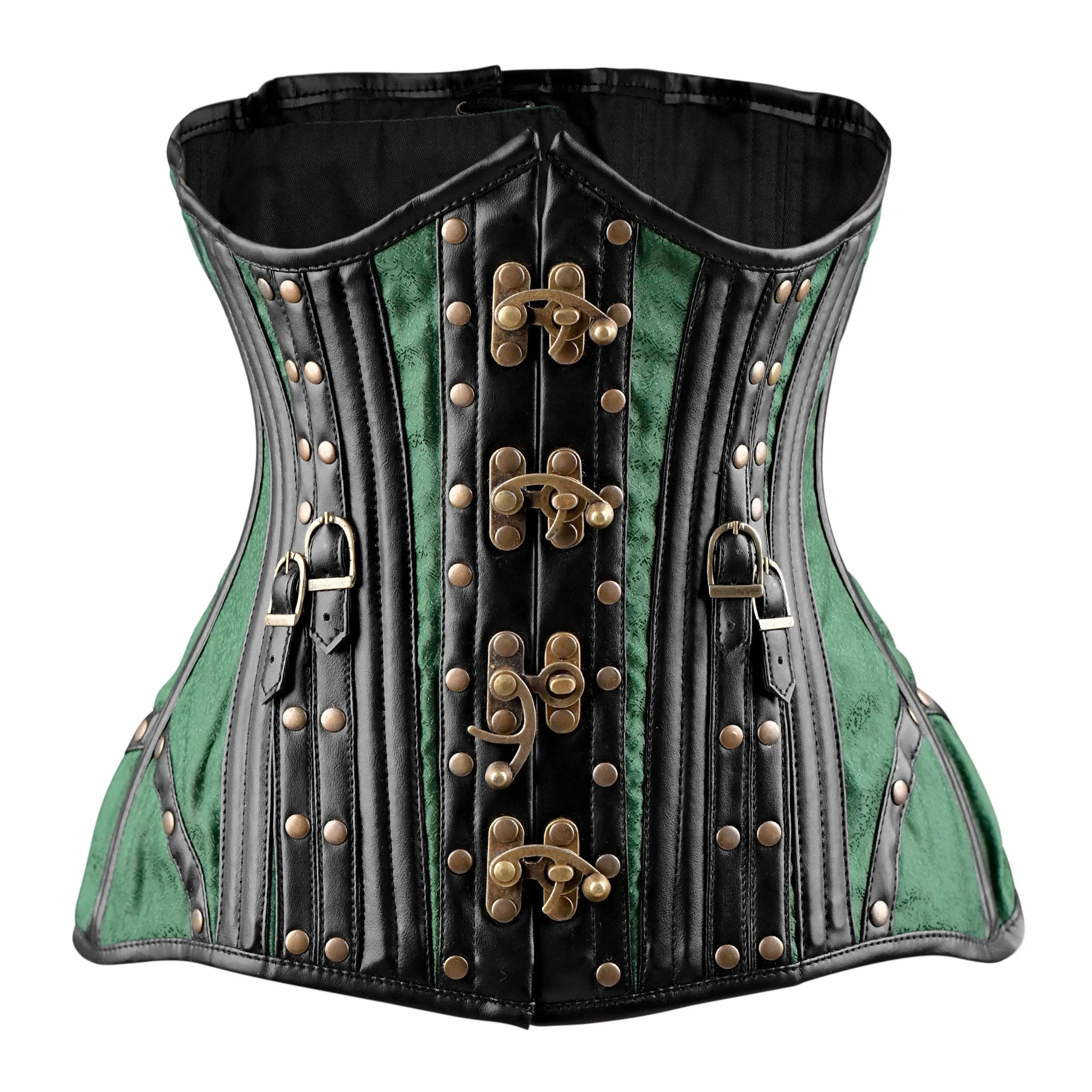 Green and black corset with gold embellishments on a white background