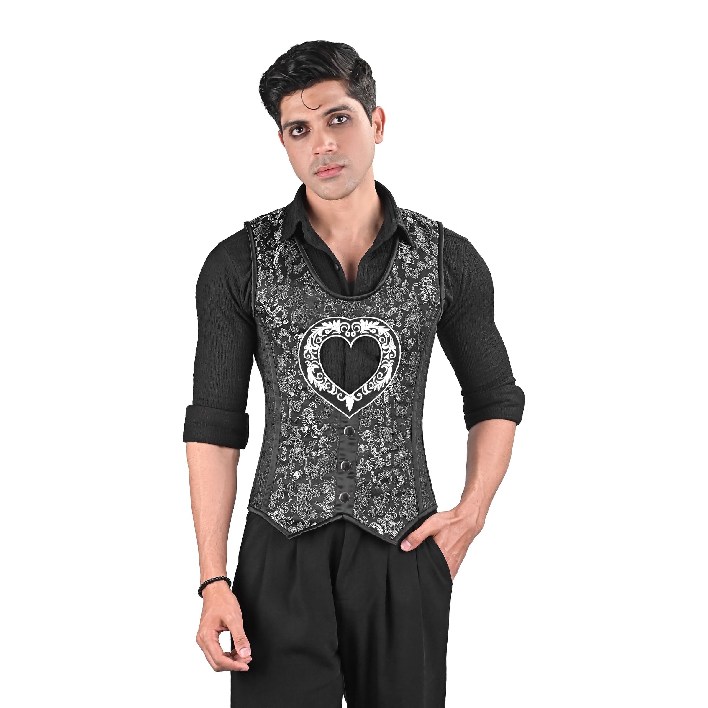 Mens Gothic Black Brocade Corset Vest with Silver Heart Detail