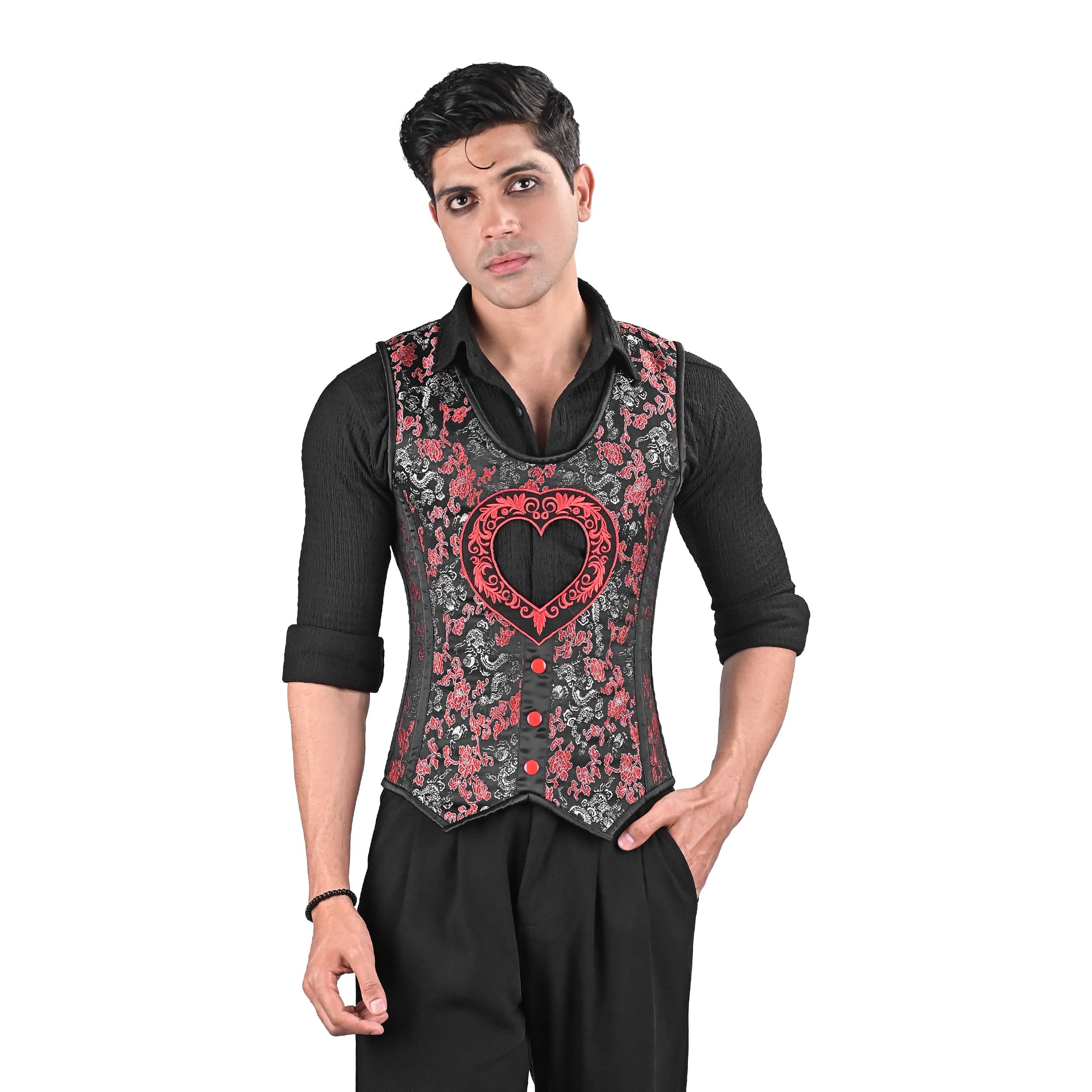 Mens Black & Red Brocade Corset Vest with Heart Detail