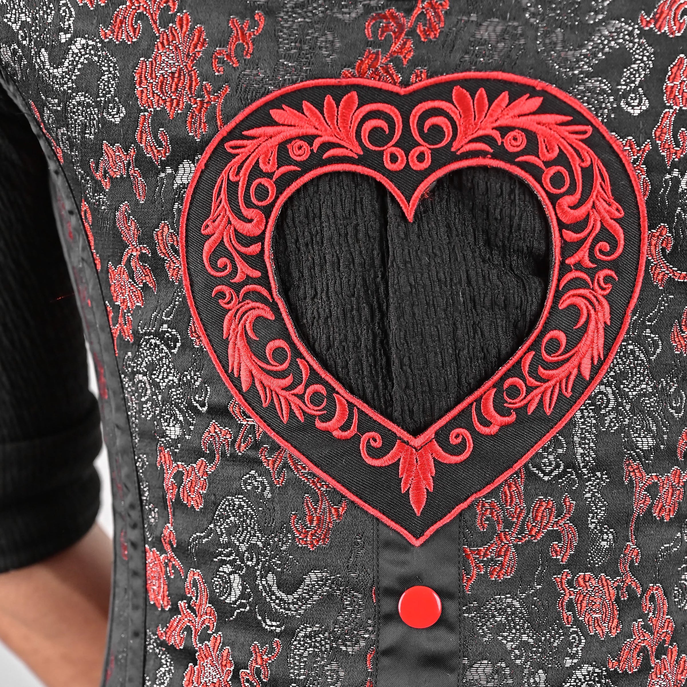 Mens Black & Red Brocade Corset Vest with Heart Detail