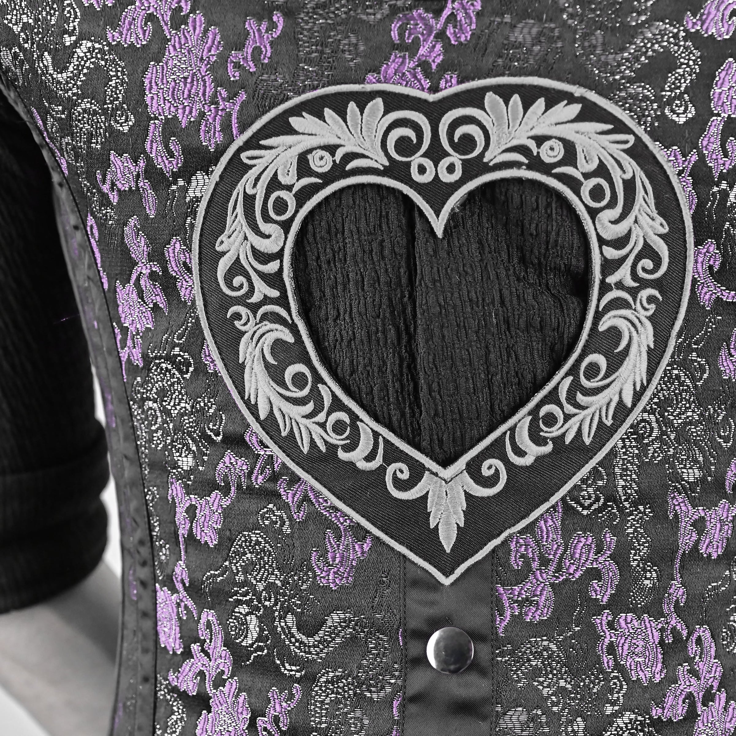 Mens Black & Purple Brocade Corset Vest with Silver Heart Detail