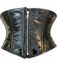 Black vinyl waist trainer with a zipper on a white background