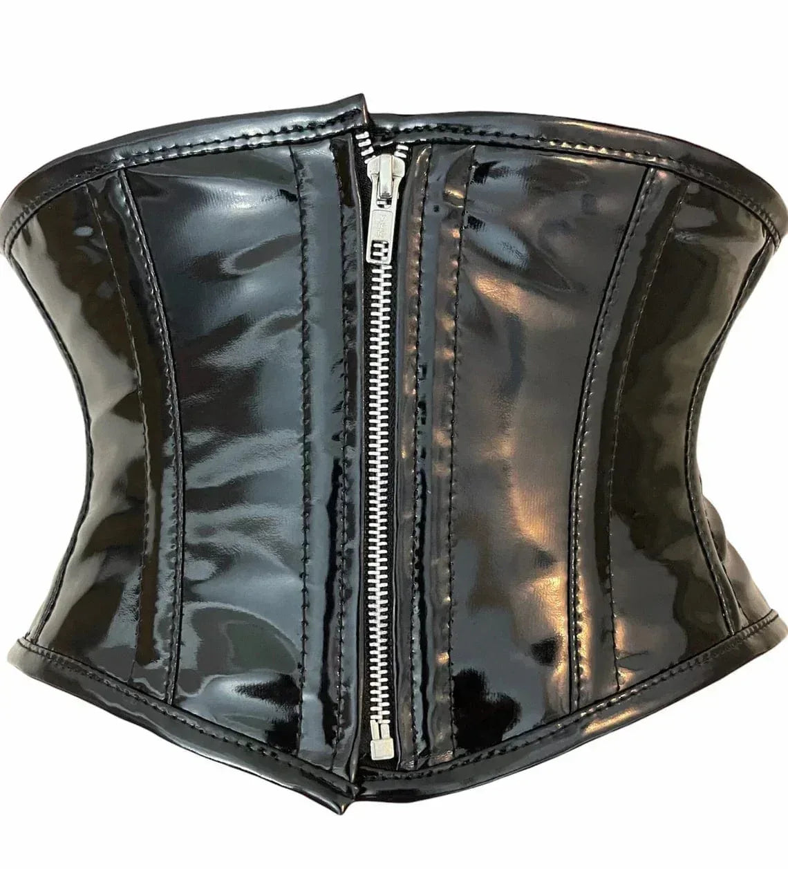 Black vinyl waist trainer with a zipper on a white background