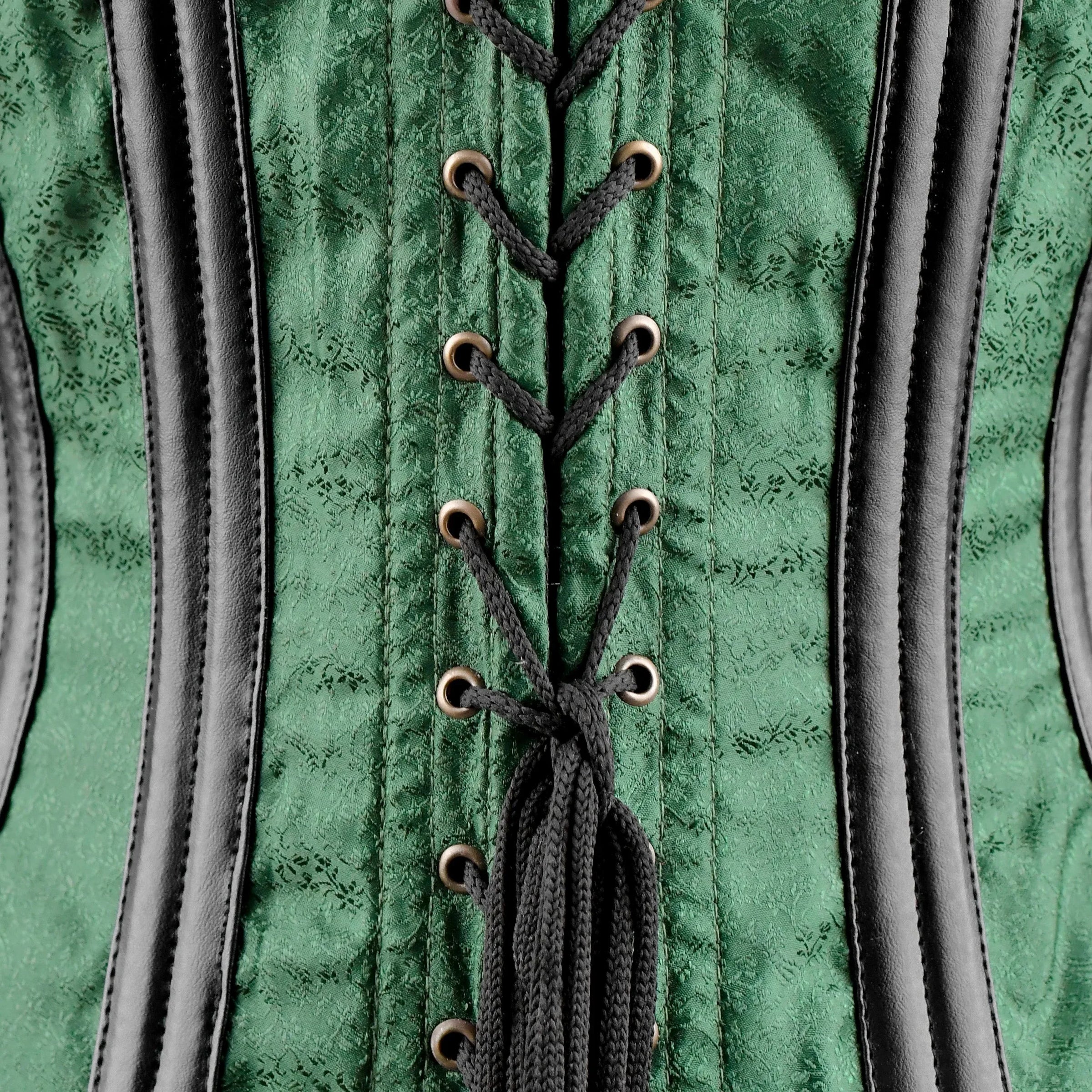 Green Brocade Under bust Corset with Black Leather Details