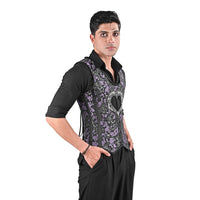 Mens Black & Purple Brocade Corset Vest with Silver Heart Detail