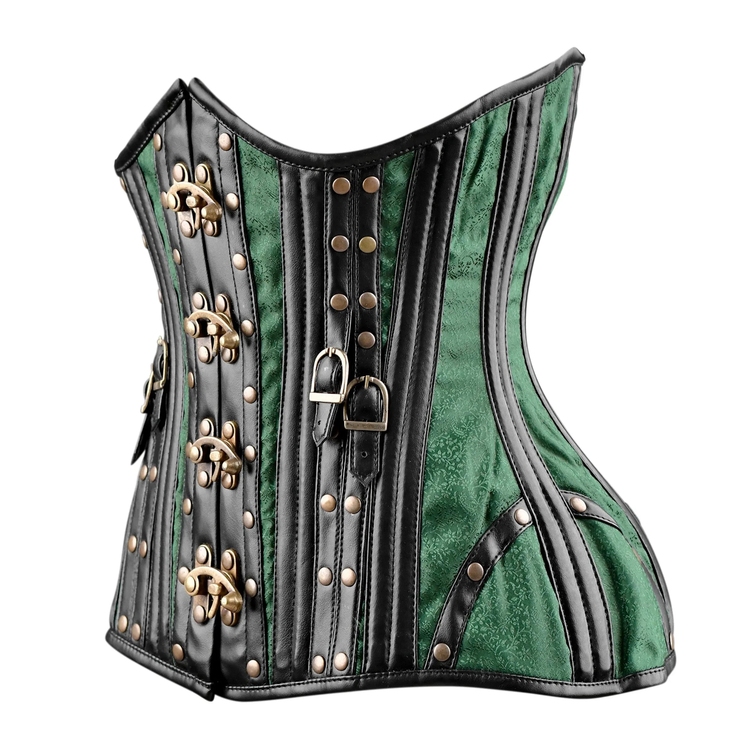 Green Brocade Under bust Corset with Black Leather Details
